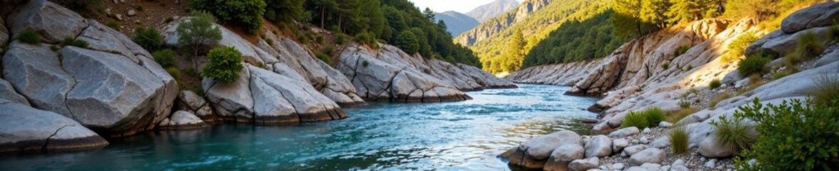Weathered riverbank with layered granite rock formations, erosion, rock formations, granite