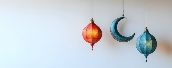 Three decorative lanterns and a crescent moon hanging against a plain background.