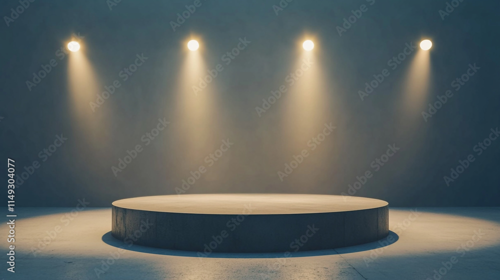 Wall mural Spotlights illuminate a circular stage in a darkened space for performance. 