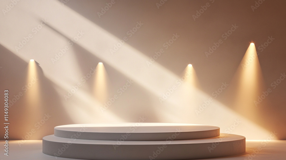 Aufkleber circular stage illuminated by soft lights in a minimalist setting.