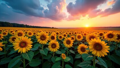 Obraz premium Field of golden sunflowers at sunrise with blue and pink hues, landscape, yellow