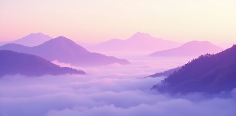 Fototapeta premium Fog wraps around pale purple mountains like a veil, pastel colors, calm scenery, serene vistas