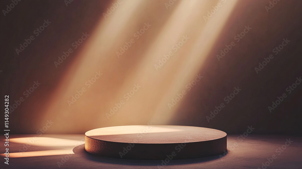 Poster spotlight on a round platform illuminated by soft beams of light.