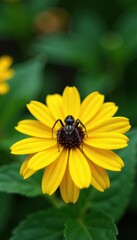 A spider sits at the center of a bright yellow flower Rudbeckia hirta with delicate petals and dark centers, hirta, outdoor