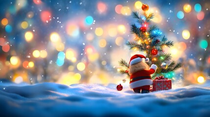 Obraz premium Santa Decorating Christmas Tree Snowy Night Scene
