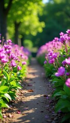 Obraz premium garden path lined with blooming purple primrose flowers, blooms, garden path