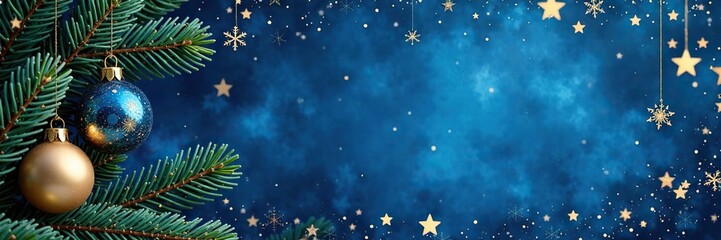 Fototapeta premium Blue background with gold ornaments and starry night scene featuring pine branches, snowflakes, pine branches, blue and gold decorations