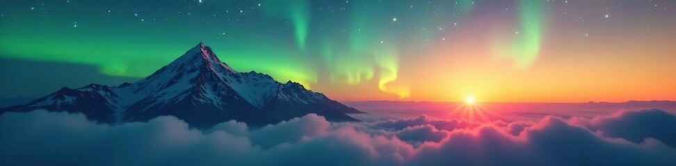 Fototapeta premium Glowing aurora lights illuminating a misty mountain range at sunrise, glow, atmosphere, mist