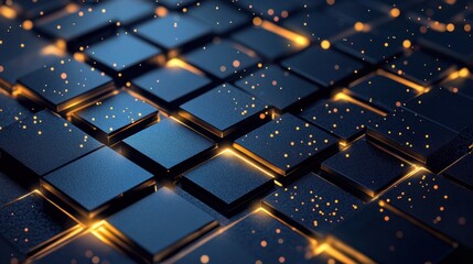 Abstract Glowing Cubes Digital Art:  Dark Blue and Gold Technological Background