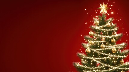 Glowing Christmas tree with gold ornaments and lights against a red background.