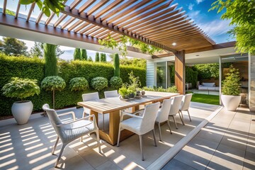 Fototapeta premium Modern Elegant Patio Design: White Chairs, Wooden Pergola, Outdoor Dining Area