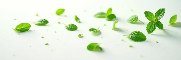 Delicate mint leaves scattered on white surface, gently falling down, white background, isolated, nature