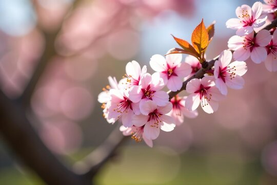 Delicate cherry blossom clusters on branch in soft sunlight, cherry blossoms, blooming flowers, pink flowers