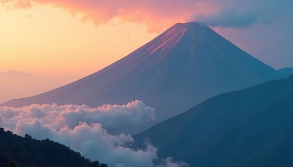 Dense smoke clouds the view of a volcanic mountain peak, foggy, atmospheric