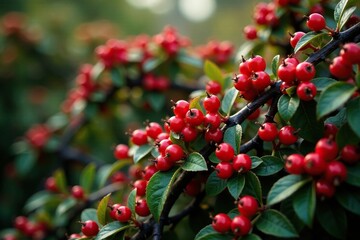 Dense thorny bramble bush covered in small red berries, wild berries, thorny bushes