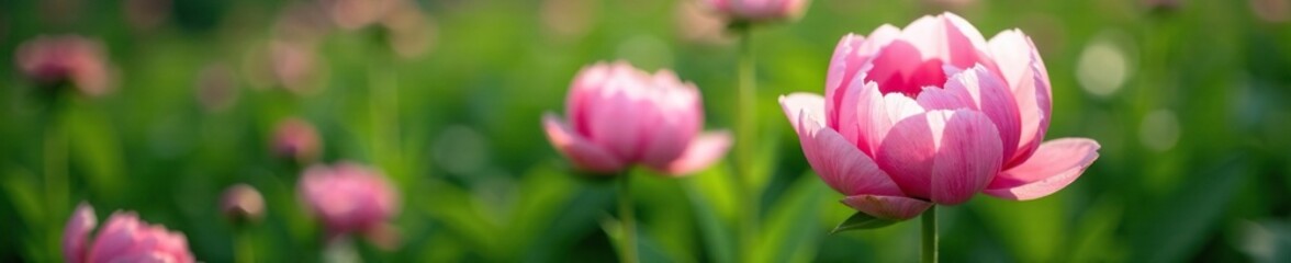Fototapeta premium Pink peonies burst into life as they unfurl their delicate petals against a backdrop of verdant greenery, burst, bloom
