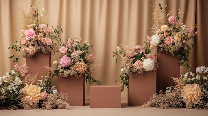 Elegant floral arrangement for event decoration in soft pastel colors. 