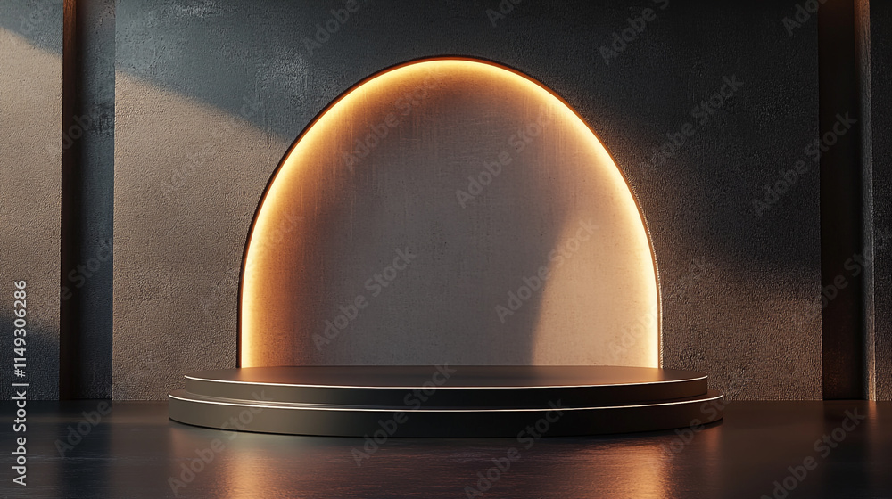 Poster modern circular stage with soft lighting in a minimalist setting.