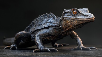 Fototapeta premium Detailed View of a Majestic Lizard in Full Body Stance with Textured Scales and Striking Eye Color on Dark Background