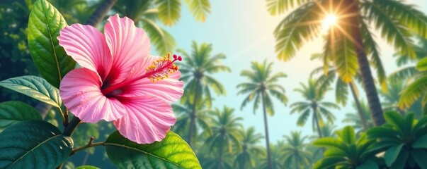 Soft pink hibiscus bloom amidst lush tropical foliage and sun-kissed palm trees, exotic, watercolor, fresh