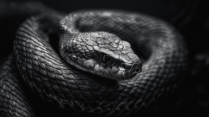 Obraz premium Captivating Close-Up of a Beautiful Black and White Snake Curled Up with Intricate Scales and Textured Skin