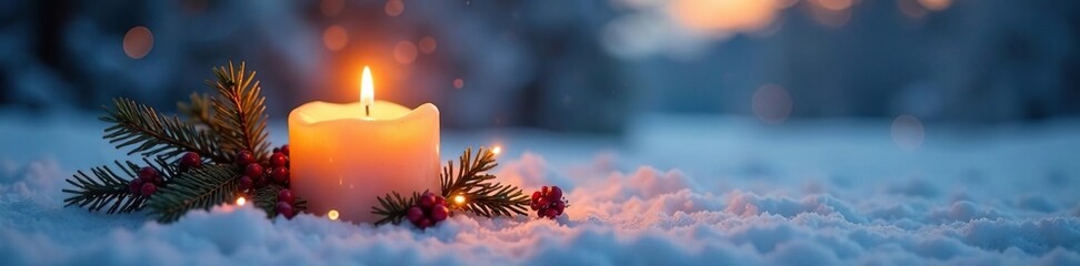 Softly glowing avent candle on snowy landscape, peaceful ambiance, winter scene, christmas decorations