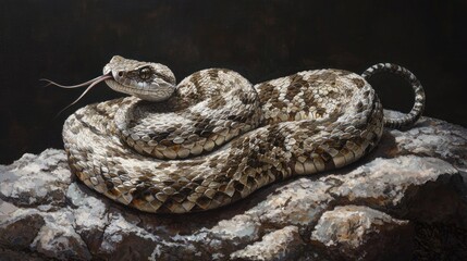 Obraz premium Realistic Close-Up of a Brown Snake Curled on a Rock, Displaying Textured Scales and Flicking Tongue in a Natural Setting