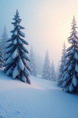 Obraz premium Misty veil wraps around the snow-covered trees, foggy, landscape