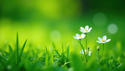 Tiny white flowers swaying gently in the breeze among lush green grass, blades of grass, nature, floral