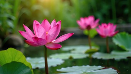 Vibrant pink eustoma flowers blooming in a garden pond, aquatic plants, water lilies