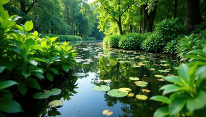 Overgrown vegetation covers the surface of a stagnant pond, overgrowth, algae