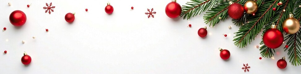 Fototapeta premium Red and gold balls scattered on a white background with spruce branches and mistletoe hanging nearby, merry and bright, festive atmosphere, red decorations