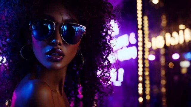 isolated nightclub color African background glasses clothes style purple confetti 80s sun lady American afro anniversary birthday carnival charming club celebration cool
