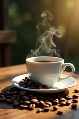 Rich aromatic coffee beans scattered on a wooden table next to a steaming cup of freshly brewed coffee, morning, inviting
