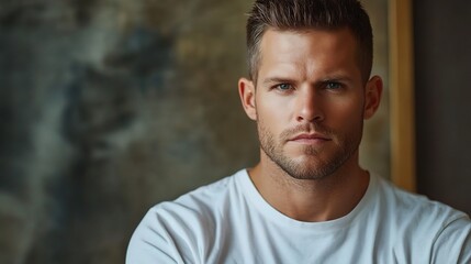Obraz premium Serious Caucasian Man Portrait Close-Up Against Artistic Background