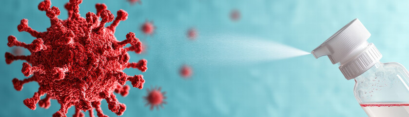 Norovirus COVID virus prevention. Virus illustration with a spray bottle, symbolizing disinfection and hygiene.