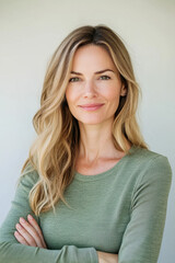 Obraz premium Confident woman with wavy blonde hair in a green shirt against a light background.