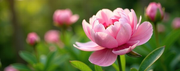 Fototapeta premium Soft pink peonies unfold their petals in lush green garden during late spring afternoon, peonies, pink, bloom