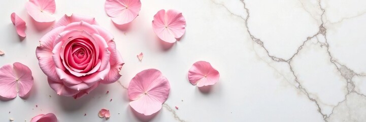 Fototapeta premium Soft pink rose petals scattered on white marble surface, simplicity, white, garden
