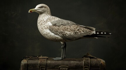 Obraz premium Seagull Standing Proudly on Vintage Suitcase with Dramatic Dark Background