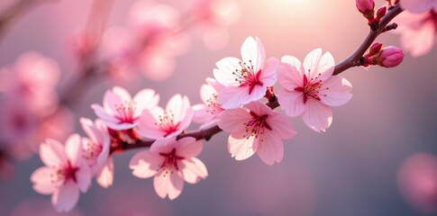 Cherry blossom branches with delicate stems and clusters of pink and white flowers in soft morning light, cherry blossoms, pink flowers