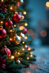 Decorated alberello with fairy lights and ornaments, garland, wreath, Christmas