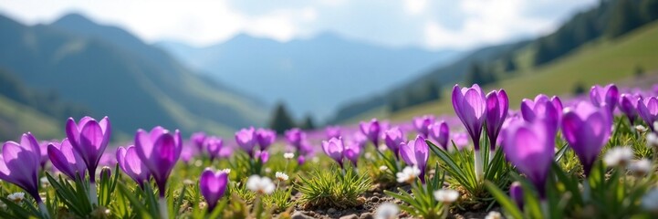 Fototapeta premium Vibrant purple crocuses swaying gently in the breeze amidst a sea of green mountains, purple crocus field, spring wildflowers, natural colors
