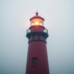 Whispy clouds gently settle on the lighthouse's facade, casting a serene atmosphere, serene atmosphere, foggy scene
