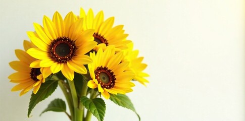 A bouquet of sunflowers with bright yellow petals and dark centers against a soft white background, yellow, garden, sunflowers