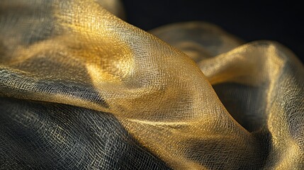 A close-up of fine transparent fabric in golden hues, showcasing its intricate weave against a plain black surface.