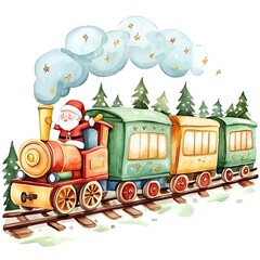 Santa Claus on a whimsical watercolor Christmas train, perfect for holiday cards and children's books.