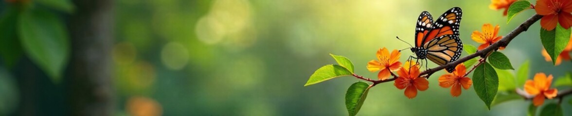 Branch with Monarch Butterflies and Blooming Flowers, nature, tree, forest