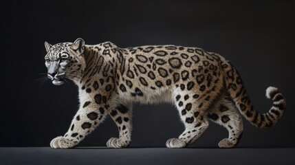 Obraz premium Majestic Leopard Walking with Elegant Grace on Dark Background Exhibiting Distinctive Spots and Striking Features