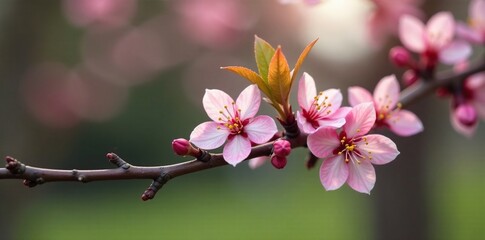 Cherry plum flowers slowly emerging from tight buds on a bare branch in early spring, tree limbs, outdoor scene, subtle color palette